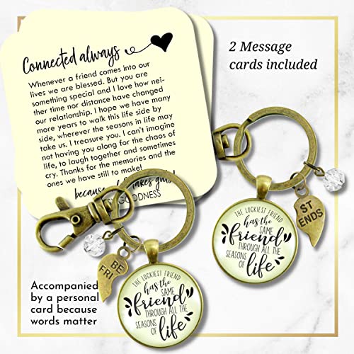 Gutsy Goodness Luckiest Old Best Friends Forever Keychains Set Handmade Matching Message Round Pendant Bronze Boho Aesthetic 2 Key Rings Gift Packaging Bestie Card Engraved Heart Charms Friendship Jewelry For Women thumb #1