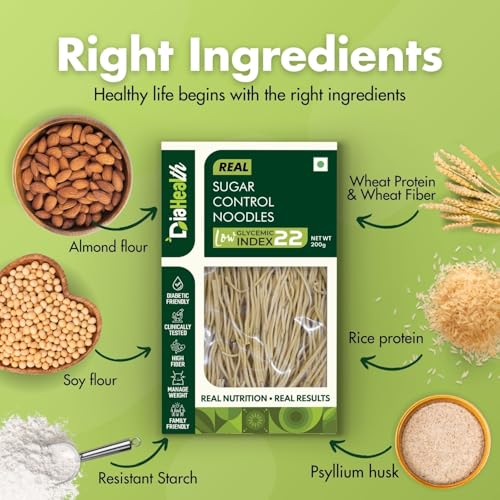 Image of Diahealth Diabetic Care Noodles, 200 Gms X Pack Of 2, Low Glycemix Index (22) & High Protein /Serv, Taste Just Like Regular Noodles, Ultra Low Carb, Pre-Biotic High Fibre, For Diabetics And Weight Loss