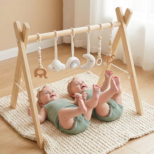 Image of Mallify Wooden Baby Gym with 6 Gym Toys, Foldable Baby Play Gym, Natural Pine Wood Play Gym, Frame Activity Center Hanging Bar, Wooden Play Gym