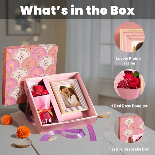 Image of Art Street Gift Hamper Box with Photo Frame, One Red Rose Bouquet Celebration and Gift for Family, Friends and Relatives (Pack of 3)
