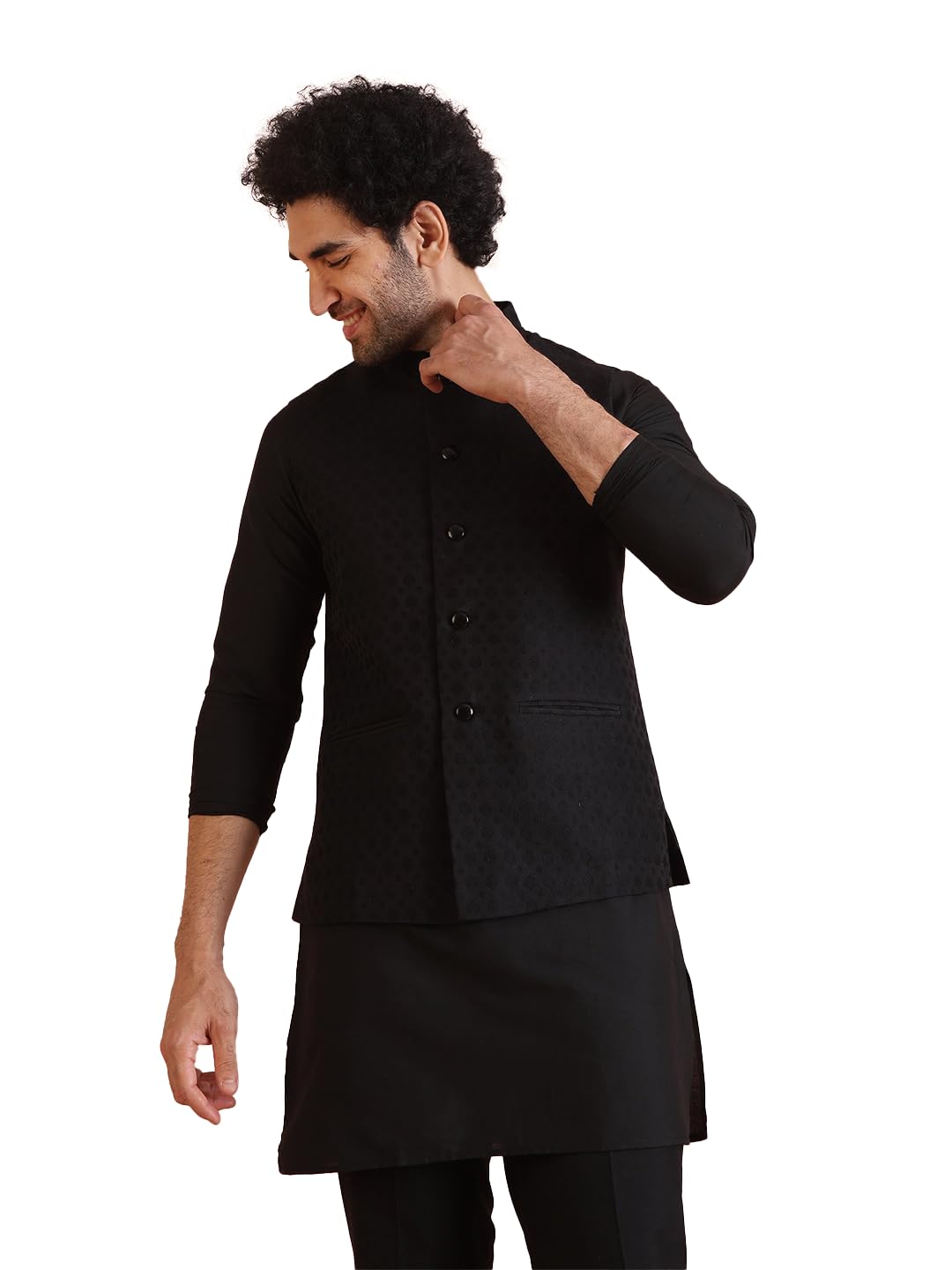 kisah Men's Nehru Jacket, Black Jacquard, Floral Regular Fit Mandarin Collar Sleeveless-picture-18