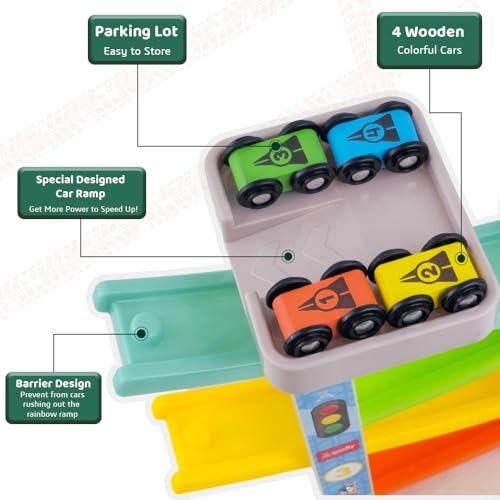 Image of Wudly Car Ramp Race Track, 4 Level Wooden Slide with 4 Cars, Pretend Toy | Educational Montessori for Toddlers 2 Years+