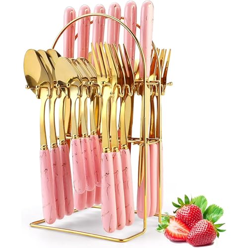 Image of Artek Stainless Steel Spoons, Forks & Knives Set of 24 with Stand and Ceramic Handle Golden Cutlery Set (Pink)