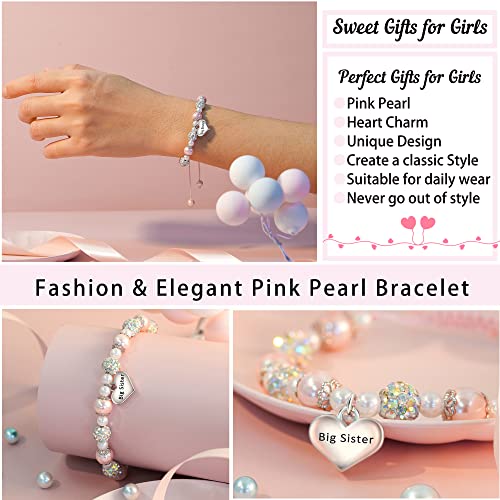 Jeka Rhinestone Ball Bracelets for Girls, Pink Pearl Heart Charm Bracelets Back to School Mothers Day Jewelry Gifts for Daughter Granddaughter Niece Big Sister Girls4