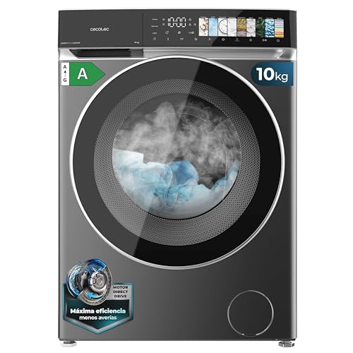 Cecotec Lavadora 10Kg Carga Frontal Bolero DressCode 10970 Direct Drive Steel. Motor Direct Drive, 1400RPM, 11 Programas, PantallaFullColor, Puerta XXL, Función Vapor, Luz Interior, Stop&Go, Steel