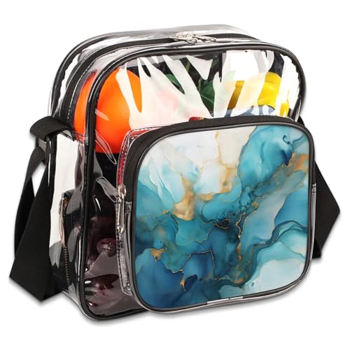 Clear Crossbody Bag Stadium Approved Blue Abstract Art Transparent Bag for Festivals, Sports Events, Concerts,Beach Bag for Women Men Dynamic Design Clear Purse with Front Pocket Messenger Bag
