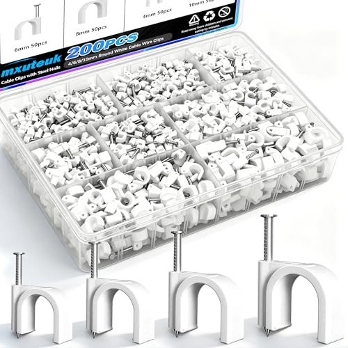 mxuteuk 200PCS Cable Clips with Steel Nails 4/6/8/10mm Round White Cable Wire Clips Wall Clips for Cords Cable Cord Clips for RG6 RG59 CAT6 RJ45