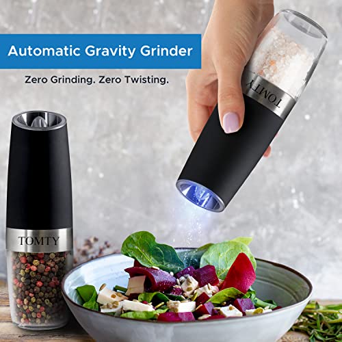 (2 Pack) Gravity Electric Salt And Pepper Grinder Set Battery Operated One Hand Automatic Operation, Adjustable Coarseness Mill Grinders Shakers Led Light Stainless Steel, Kitchen Gadgets Gifts Ideas #TOP1