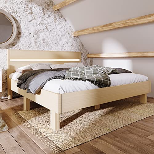 Whoiy Cama de madera maciza, cama vintage de 140 x 200 cm, color natural con iluminación LED y cama doble de madera con cabecero