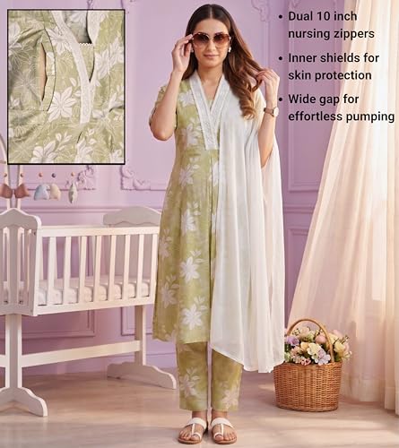 Image of DUMMY SHAPE Maternity Dresses for Women Cotton | Floral Kurta Pant Dupatta Set with Nursing Zippers, Side Pocket | Pre & Post Pregnancy | Feeding Kurti Suit | Baby Shower | Gifts for Pregnant Woman