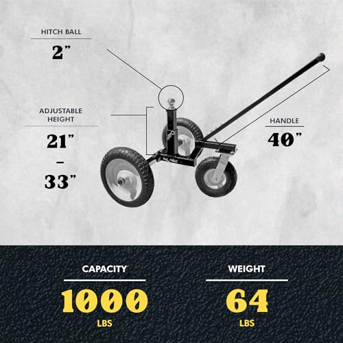 Tow Tuff Trailer Dolly w/ 16\" Flat-Free Tires & 10\" Swivel Caster Wheel, 1000 lb Capacity, Black - 21” to 33” Adjustable Height, Steel-Frame Construction, Powder-Coat Finish, Fits 2” Coupler - Thumbnail 3