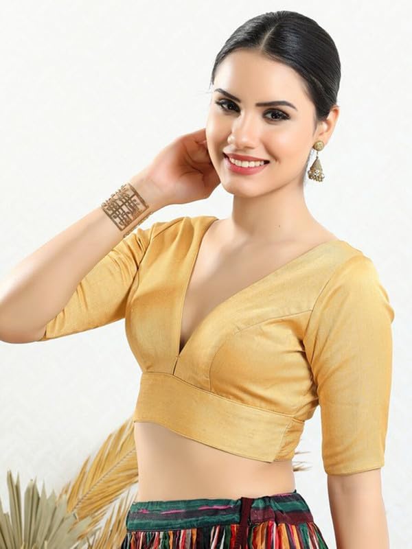 Dupion Silk Solid Non Padded Saree Blouse Top V-Neck Short Sleeves Hook and Eye Closure and Tie-Up Back Choli