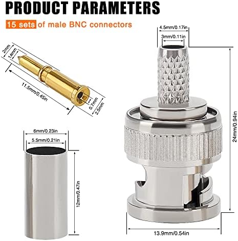 15 Sztuk Złącze BNC Męskie do Kabla Koncentrycznego do RG58 RG142 RG400 LMR195, KUOQIY Adapter BNC Męski do Kamery CCTV, Złącze BNC, Zestawy Złączy Zaciskanych BNC, w Tym Wtyk, Bolec, Króciec
