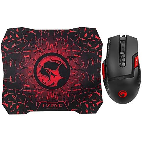 Marvo M355 Gaming Mouse and G1 Mouse Pad Set - 7 LED Colours, Adjustable 4800dpi Optical Sensor, 9 Programmable Buttons, S Size 287mm x 244mm Mouse Mat Cover