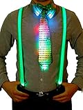 Interessantes LED Design: Sie werden mit Knopfbatterie betrieben, 3 Modi enthalten. Ziehen Sie zuerst den Kunststoffchip hoch, drücken Sie die Taste einmal, zweimal und dreimal können unterschiedliche Effekte der Beleuchtung, die Hosenträger leuchten grünes Licht, die Fliegen und Krawatten leuchten buntes Licht