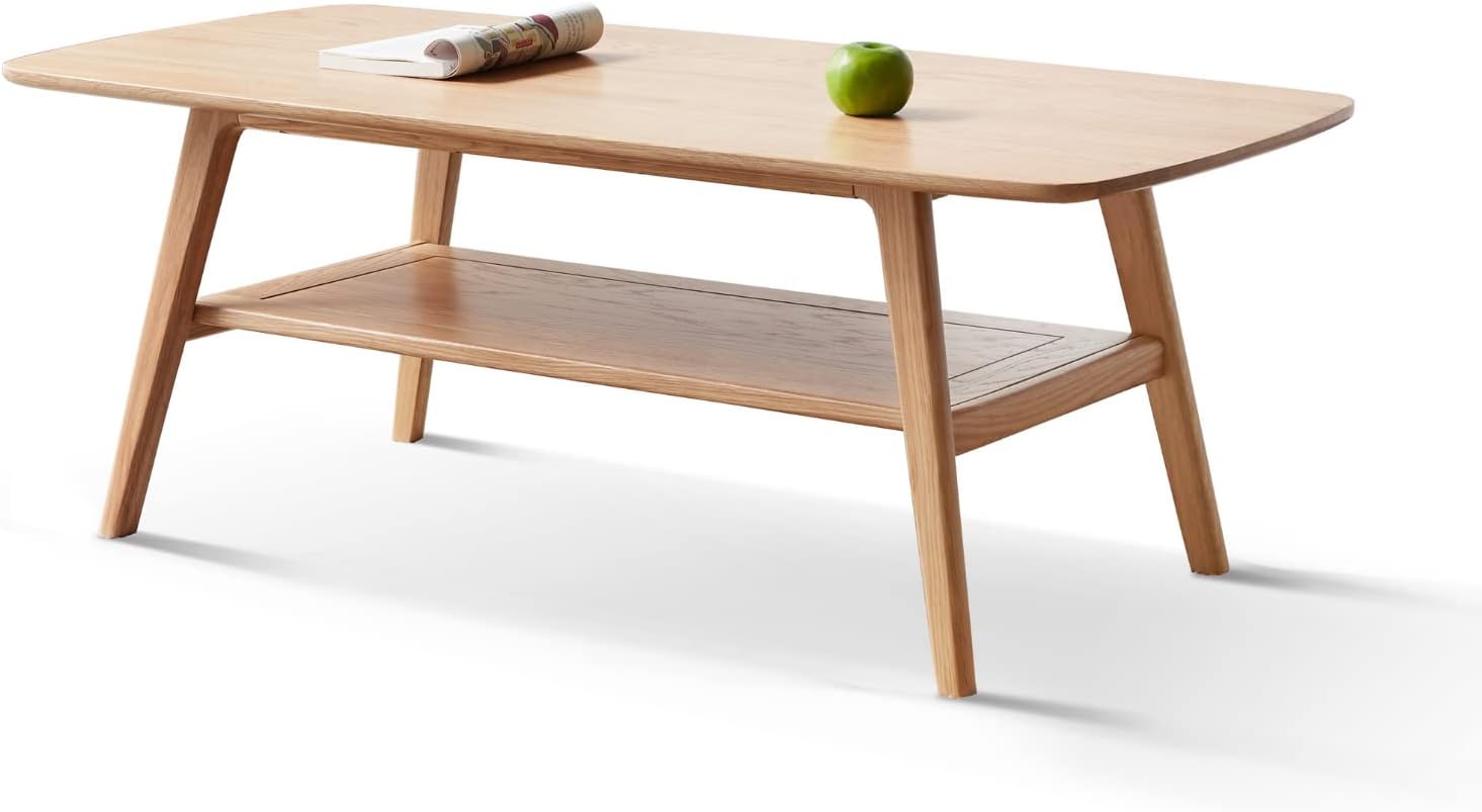 Coffee Table - 100% Solid Oak Wood- 2-Tier Coffee Table with Storage for Living Room, Eco-Friendly Finish, Easy Assembly (Natural, 39.37" D x 19.69" W x 17.32" H)