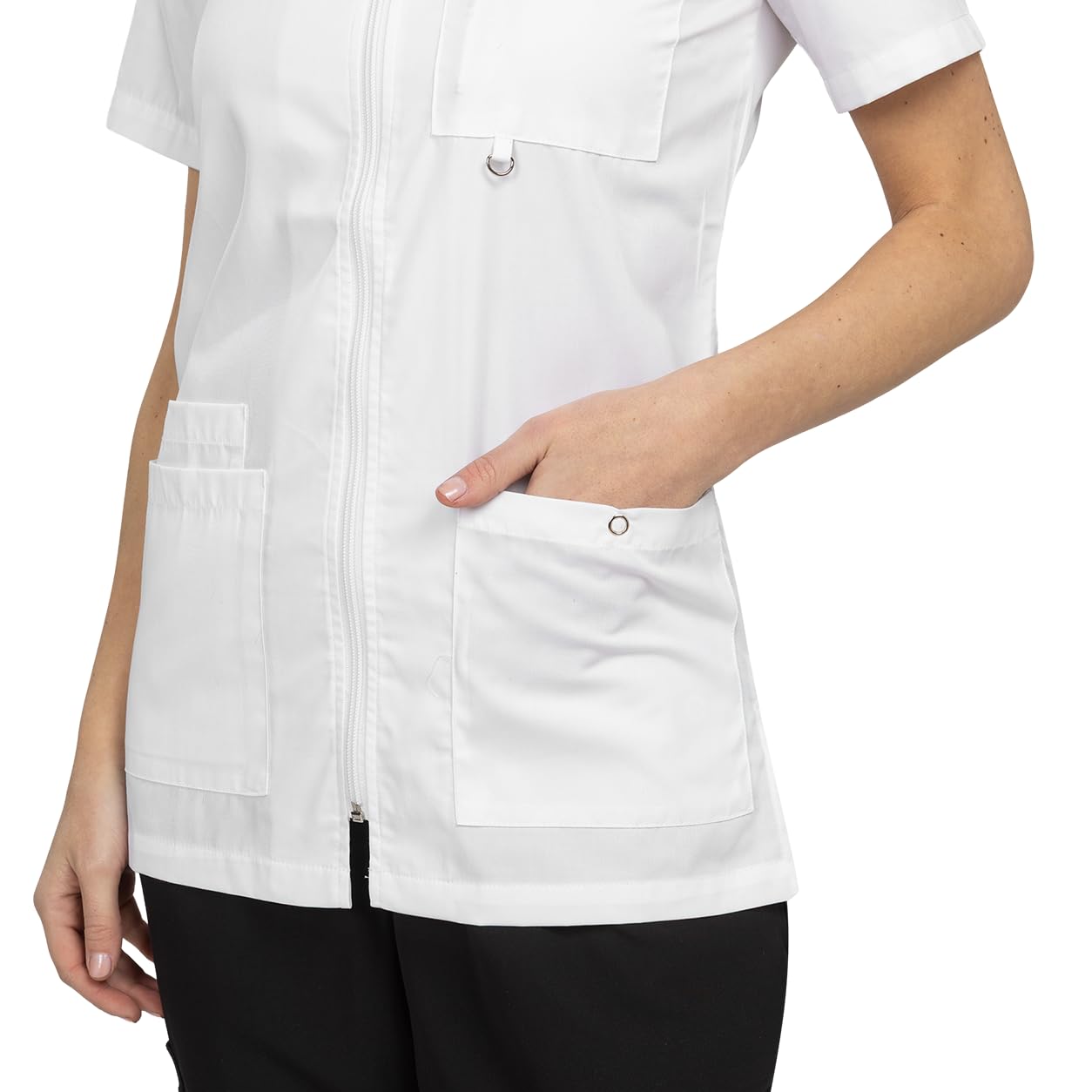 B-well Stella Camice Medico Donna Casacca Infermiere con Cerniera Camice da Lavoro Donna con Cerniera Manica Corta Scollo V, 4 Tasche