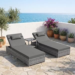 UDPATIO Sonnenliege 2 Personen Set, 3er Gartenmöbel Lounge Set Outdoor inkl. 2 Polyrattan Gartenliegen Wetterfest & 1 Tisch, Sonnenliegen Set für Garten, Terrasse, Balkon (Grau-meliert & Grau Bezüge)