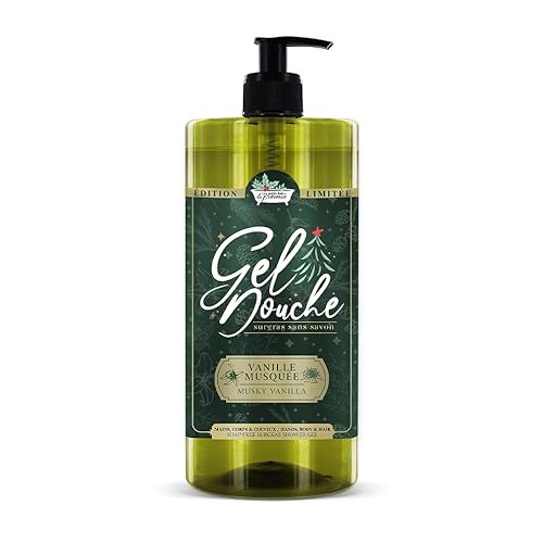 Gel Douche Surgras Vanille Musquée 1L Les Petits Bains de Provence - Édition Limitée Noël, Sans Savon, 96% Ingrédients Naturels, Corps et Cheveux