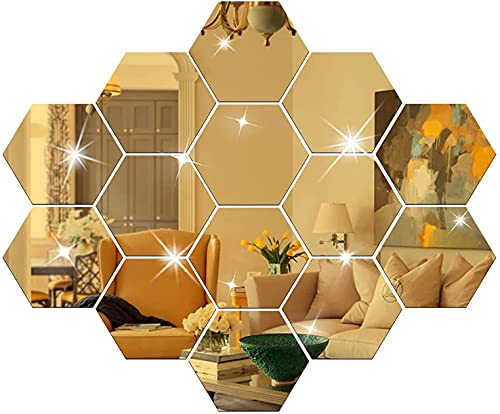 WallDaddy Super Hexagonal Wall Decor (14PCS) Golden Acrylic Mirror for Wall...