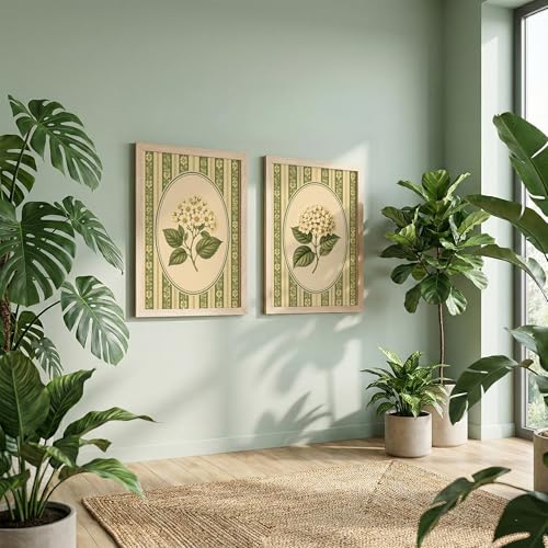 Image of NoWorries Vintage Botanical Wall Art Set of 2 Framed Floral Prints for Living Room Bedroom Office | Green Cottagecore Wall Decor with Wooden Frame (Art-5, 10x13inch)