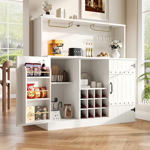 LAKFEW Aparador Cocina Armario Cocina con Portavasos de Vino y Botellero, Aparadores para Salon con 2 Puertas y Dispositivo Antivuelco, Mueble Aparador, 120x40x120 cm, Blanco
