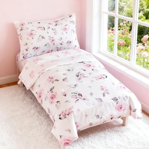 Image of PERFEMET Floral Toddler Bedding 4-Piece Pink Flower Toddler Girls Comforter with Sheet Set Reversible Butterfly Kid Bed Sets-Comforter, Fitted Sheet,Flat Sheet,Pillowcase