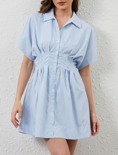 Image of Women Button Down Pleated Shirt Dress Summer Short Sleeve Blouse Striped Print Corset Mini Dresses
