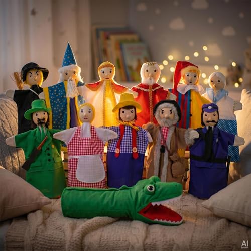 goki SO450 - Handpuppenset, ​​12 unterschiedliche Figuren aus Textil, Kindertheater und Rollenspiele, Puppentheater im Kinderzimmer, fördert Kreativität und Motorik, für Kinder ab 4 Jahre