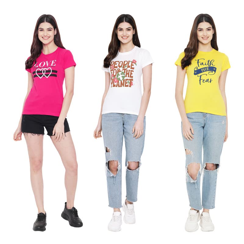 Image of Preneum Women's Cotton Regular Fit Graphic Stylish Printed Short Sleeves Casual T-Shirt || Trend & Style (Pack 3)