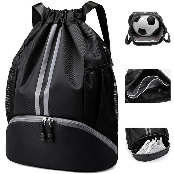 Drawstring Backpack Gym Bag for Men, String Bags Sports Cinch Sackpack with Shoe Compartment and Water Resistant Wet Pocket Large Gym Sack for Fitness Swim Basketball Soccer Beach (Black)