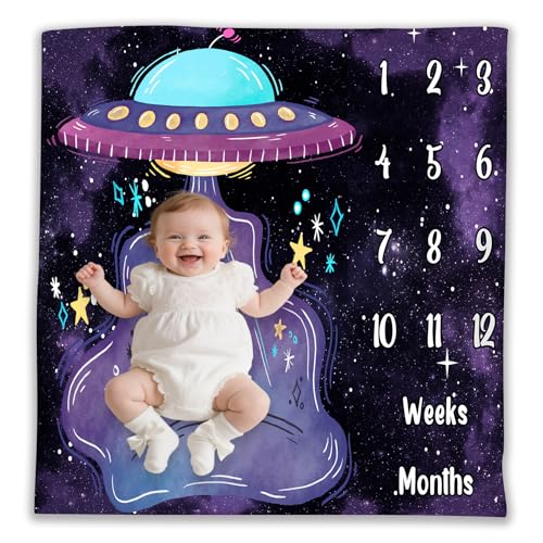Image of UFO Baby Monthly Milestone Blanket, 48x48in Soft Flannel, Alien Round Spaceship, Newborn Mom Gifts, Baby Shower Age Growth Tracker with Bonus Maker (Purple, 48x48in)