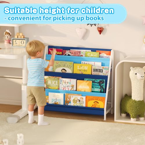 Image of Aokitsink Kid Bookshelf for Kids Rooms, 4-Tier Blue Montessori Bookshelf,Toddler Children Bookshelf,Metal Kid's Book Storage Organizer for Boys Room Furniture Playroom Kindergarten