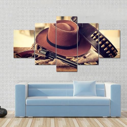 Chapeau de cow-boy et arme tableau decoration murale en toile 5 parties pour maison et salon