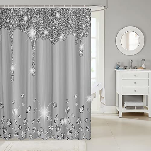 Loussiesd Silver Glitter Shower Curtain (No Glitter) Bling Partyations Grey Bathroom Fabric Shower Curtain Set for Diamond and Jewelry Bath Curtain Waterproof Curtains Stalls Bathtubs 72x84 Inch - Image 2