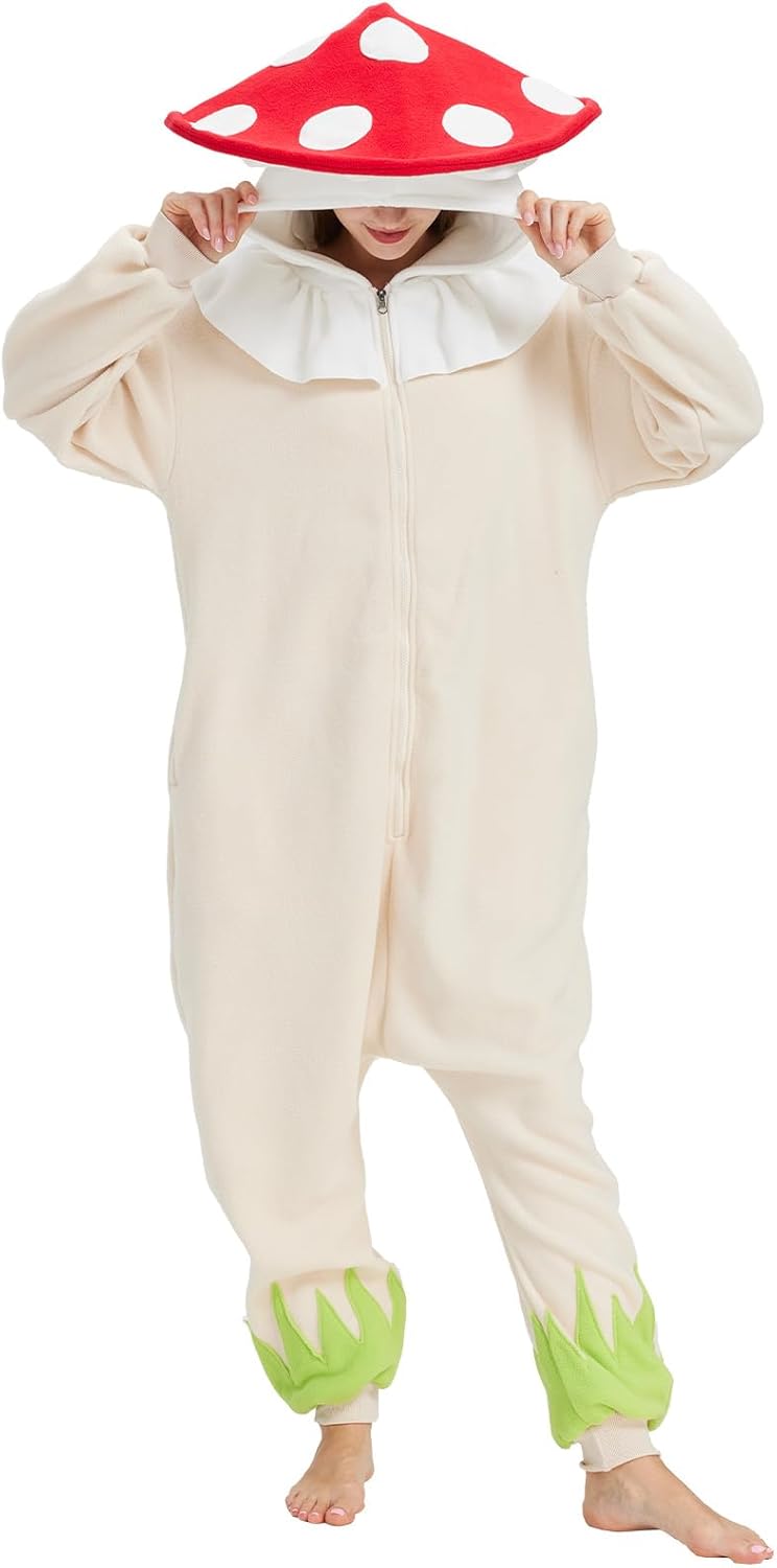 Mushroom Onesie Adult Halloween Mushroom Costume Fun and Cozy One-Piece Pajamas for Women and Men - Image 2