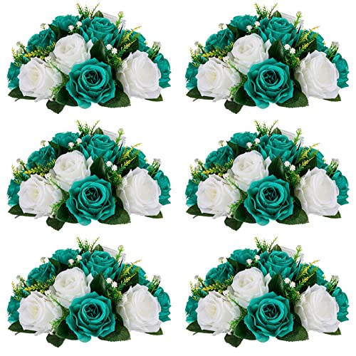 Nuptio Flower Wedding Centrepieces For Tables - 6 Pcs 9.5In Diameter Teal & White Artificial Flowers Rose Ball For Centerpieces Table - Fake Rose Arrangements For Weddings Birthday Party Decorations #TOP6