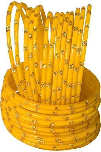 Laal Amrood Beautiful Elegant Yellow Glass Bangles Chudi Girls Set Golden Zari Dot for Women Wedding Festive Jewellery