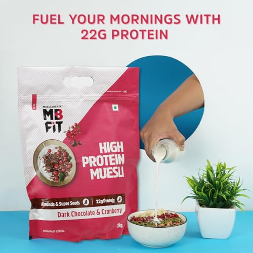 Image of MuscleBlaze Fit High Protein Muesli, Dark Chocolate & Cranberry, 2kg | 22g Protein | With Raisins, Almonds & Super Seeds,High Protein Breakfast Cereals