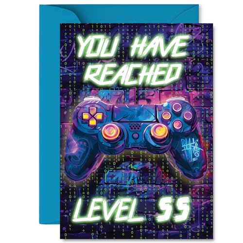 55th Birthday Cards for Men Women - Neon Video Gamer - Happy Birthday Card for 55 Year Old Man Woman Son Wife Brother Cousin, A5 Bday Greeting Cards
