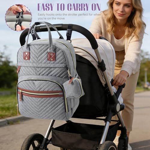 Image of Tuwubi Diaper Bag Backpack with Changing Pad,Baby Essentials, Multi function Waterproof Backpack with Stroller Straps & Pacifier Case Light Grey
