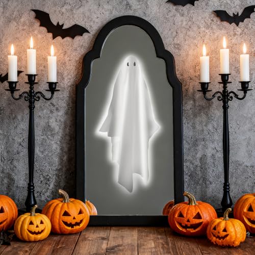 Semjar Ghost Mirror Hologram 15x7.1 LED Gothic Haunted Mirror Scary Ghost Wall Decor for Fireplace Living Room Bedroom Halloween Ghosts Decorations for Indoor Horror Haunted House Props