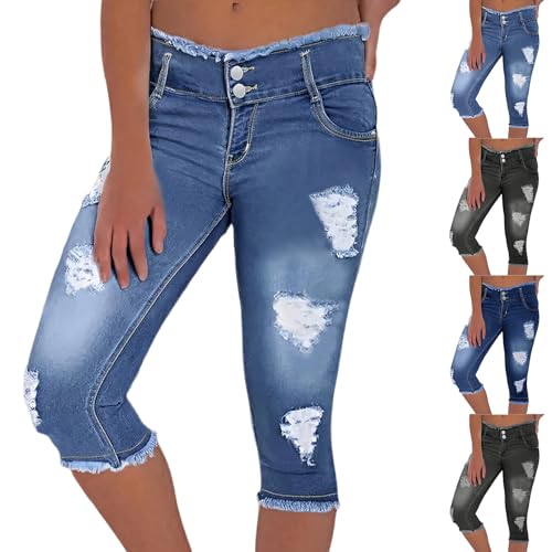 Capri Jeans for Women High Waisted Ripped Distressed Stretchy Skinny Jeans Summer Pull On Capris Pants with Pockets