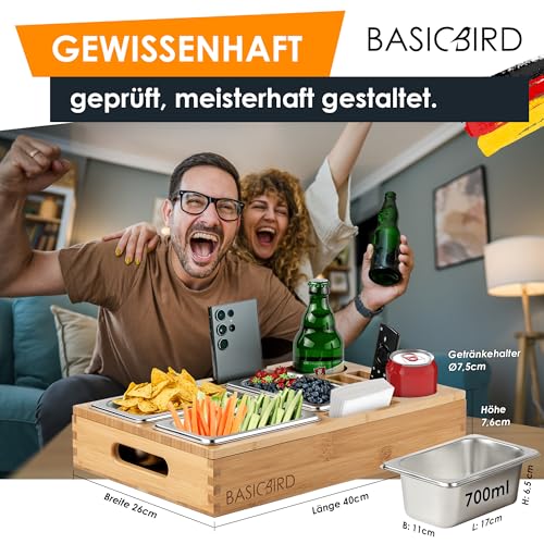 BASICBIRD® Couchbar Snackbox mit 3X Snackschale - Organizer Tablett - Snackspender - Holz Sofatablett für Sofa, Deko, Couch Bar mit Getränkehalter - Snackbox mit Fächern – Wohnmobilausstattung