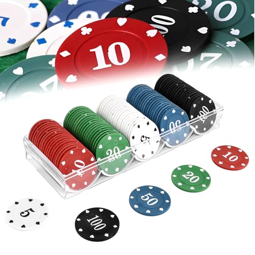 STARVAST 300 Stück Poker Chips - Poker Box, Kunststoff Pokerchips, Nummerierte Poker-Chips-5/10/20/50/100, Mini-Poker-Chips Halten Sie Reisen Poker-Chips Familienparty