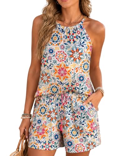 Image of Rapbin 2 Piece Short Sets for Women Casual Vacation Summer Outfits Sleeveless Halter Tops Loose Fit