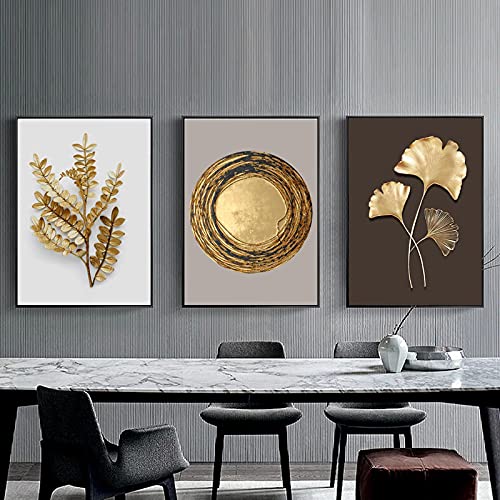 Feuille d'or toile impression pour salon moderne triptyque de plumes et fleurs murales chic
