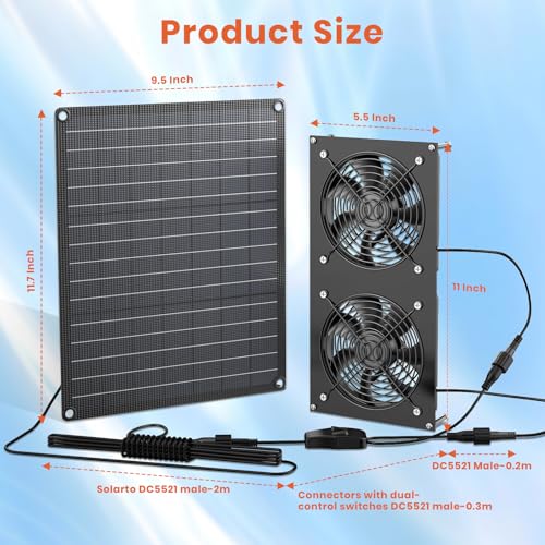 Image of FlexSolar 12W Solar Panel Powered Fan Kit, Dual Waterproof IP65 Fans, 2500RPM High Speed, Solar Exhaust /Intake Fan for Chicken Coop, Greenhouse, Dog House, Pet House, Outdoor Shed Ventilation