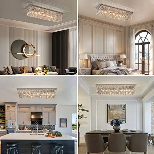 7PM Chandeliers for Dining Room, Crystal Ceiling Light Rectangle Crystal Chandelier Flush Mount for Living Room 40"x10"x10"