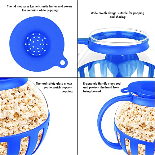 The Original Korcci 3 Quart Microwave Glass Popcorn Popper, Borosilicate Glass, Dishwasher Safe, 3-In-1 Silicone Lid, Bpa Free, Family Size (Blue) #TOP5
